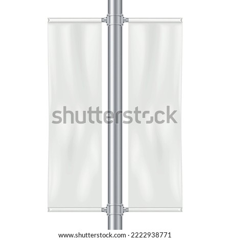 Empty street light pole banner isolated on white background realistic vector mockup. Blank streetlight display mock-up. Rectangular poster sign. Template for design