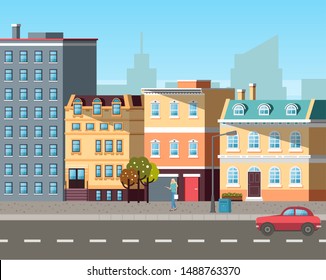 Empty street, sun light on buildings colored in different shades. Cars driving on roads, city life with transport and residential property of people. Old town appartmens Vector in flat cartoon style