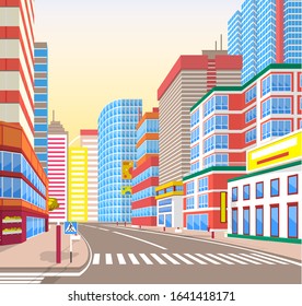 Empty street vector, corner view on cityscape. Metropolitan wide roads with signs and pedestrian crossings for people, exterior of houses and buildings on sity street