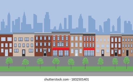 Ilustración vectorial callejera vacía con casas antiguas