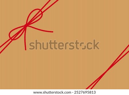 Empty striped craft paper background, gift tied up with cotton red rope bakers twine bow and ribbons. Packing string for decoration, present, pastry boxes for New Year, Christmas.Vector EPS10