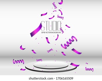 Empty studio background and podium with confetti and purple ribbons, vector eps10 illustration