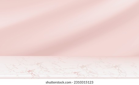 Empty Studio Background with Shadow and Light on Pink Concrete Wall,Vector Product Display Beige Scene 3D Interior Malble Floor Background stand Stage for Cosmetic,Beauty Products Presentation