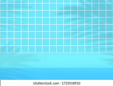 Empty studio blue tiles background with palm leaves shadow for product display. Showroom shoot render. Banner background for advertise product.