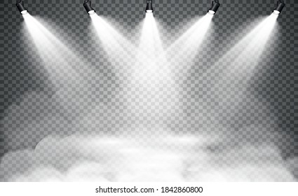 Empty studio, dark room with spotlights and smoke on a transparent background.