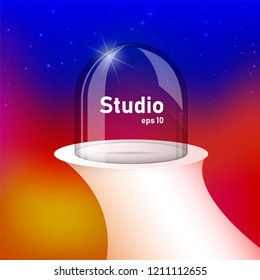 Empty studio of free space under the glass bulb for displaying and advertising the product. Platform on a pole on a colored background.