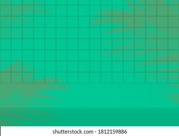 Fondo de azulejos verde de estudio vacío con hojas de palma para la visualización de productos. Representación de la sesión de fotos de la sala de espectáculos. Fondo del cartel para anunciar el producto.
