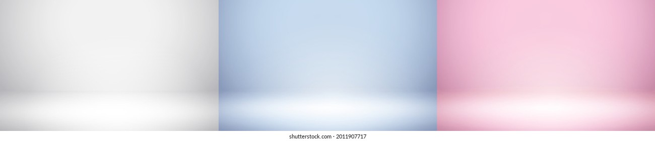 Empty studio photo room background set. Grey, light blue and soft pink gradient platform backdrops for product display. Vector presentation scene mockups