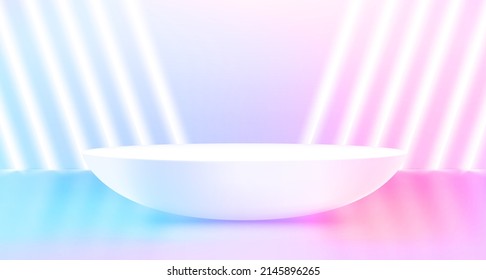 Empty studio with podium and neon light. Vector show case template for a product design. Vector 3d illustration


