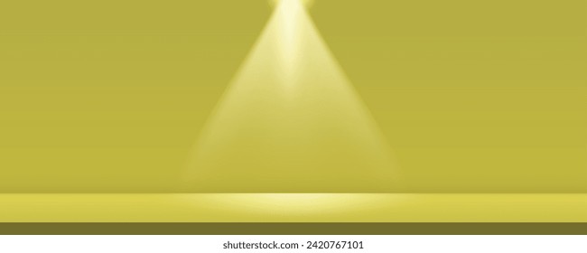 Empty studio for product display. Ray of spotlight on center of wall. Yellow lime color.