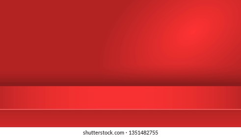 Empty studio in red color background for product display. Empty room with spotlight effect. Showroom shoot render. Template design for advertise product on website, mock up. Vector illustration