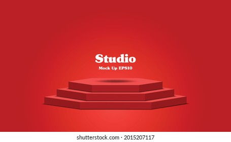 Empty studio red podium pedestal scene background for product display. Banner for advertise product on website. Showroom render. Vector abstract mock up 3D stage studio room with spotlight light