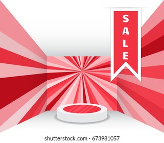 Empty studio room. Exhibition presentation room with podium. Empty pedestal for award ceremony. Banner sale. Vector illustration