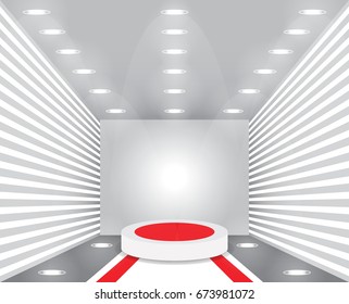 Empty studio room. Exhibition presentation room with podium. Empty pedestal for award ceremony. Round podium for product advertising. Scene illumination. Vector illustration