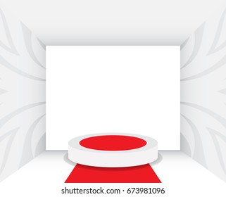 Empty studio room. Exhibition presentation room with podium. Empty pedestal for award ceremony. Round podium for product advertising. Vector illustration