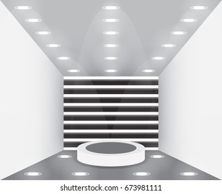 Empty studio room. Exhibition presentation room with podium. Empty pedestal for award ceremony. Scene illumination. Cold light effect. Vector illustration