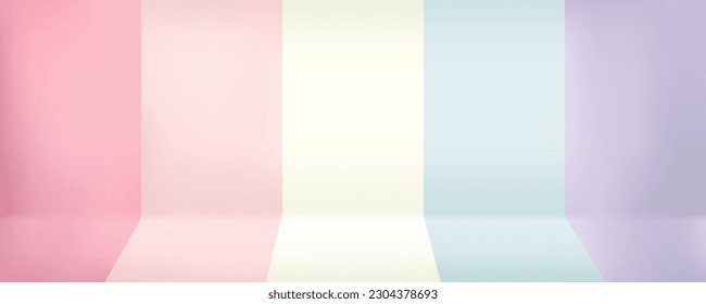 Empty studio room pastel pover color background, 3D gradient wallpaper and floor for product placement or website, copy space, horizontal composition.