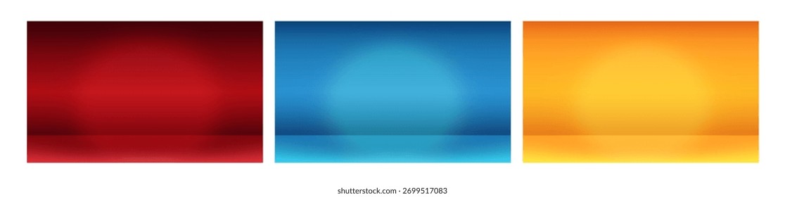 Empty studio room. Realistic blank interior wall with soft spot light, limbo dark red blue yellow background abstract gradient texture photography backdrop 3d vector illustration