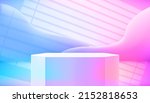 Empty studio with vivid hologram glow effect, podium and light of the window. Vector 3d illustration 
