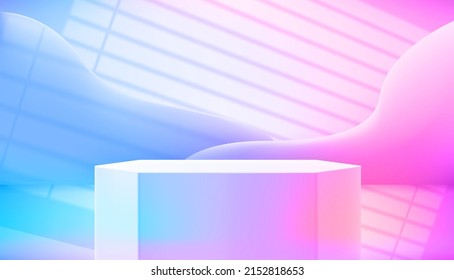 Leeres Studio mit lebhaftem Hologramm-Glow-Effekt, Podium und Licht des Fensters. Vektorgrafik 3D 