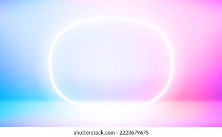 Empty studio with vivid hologram glow effect and neon frame. Vector 3d banner with copy space

