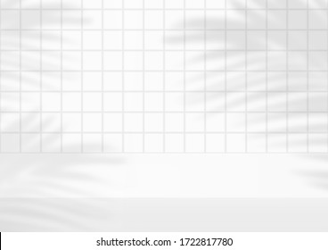 Empty studio white tiles background with palm leaves for product display. Showroom shoot render. Banner background for advertise product.
