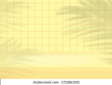 Empty studio yellow tiles background with palm leaves for product display. Showroom shoot render. Banner background for advertise product.