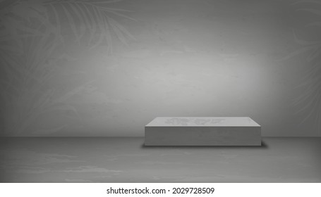 Sala de estudio vacía con hojas de podio y palma en la pared gris, textura de fondo de cemento gris del suelo, fondo vectorial 3D de superficie de concreto gris con textura rajada. Banner para diseño de loft 