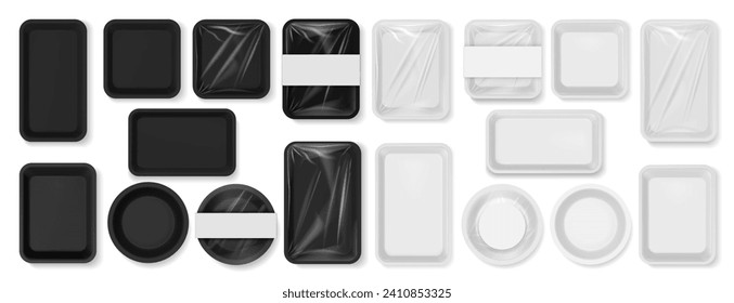 Empty styrofoam containers with transparent film wrapper. Vector isolated realistic boxes for food, plastic trays of rectangle, square and round shape. Blank packaging with cellophane for meal