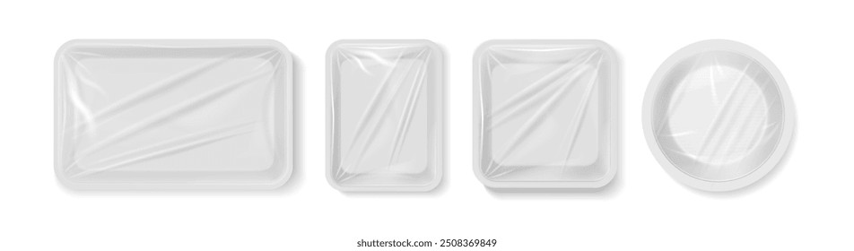 Empty styrofoam containers with transparent film wrapper. Vector isolated realistic boxes for food, plastic trays of rectangle, square and round shape. Blank packaging with cellophane bag for meal