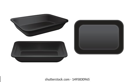 Empty styrofoam food storage. Black food plastic tray, set of foam meal containers for your design