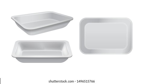 Empty styrofoam food storage. White food plastic tray, set of foam meal containers for your design