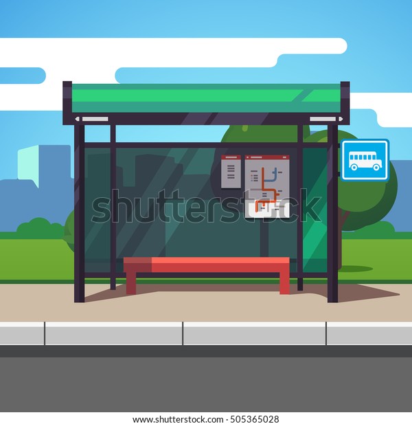 市内交通計画プラカードと空の郊外道路バス停と標識 カラフルな平らなスタイルのカートーンベクターイラスト のベクター画像素材 ロイヤリティフリー