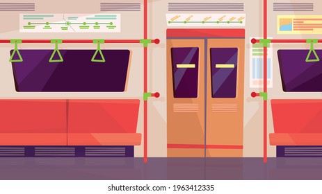 Empty subway car interior, banner in flat cartoon design. Seats and handrails in underground carriage. Modern public urban transport, infrastructure concept. Vector illustration of web background