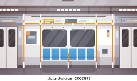 Empty Subway Car Interior Modern City Public Transport, Underground Tram Flat Vector Illustration