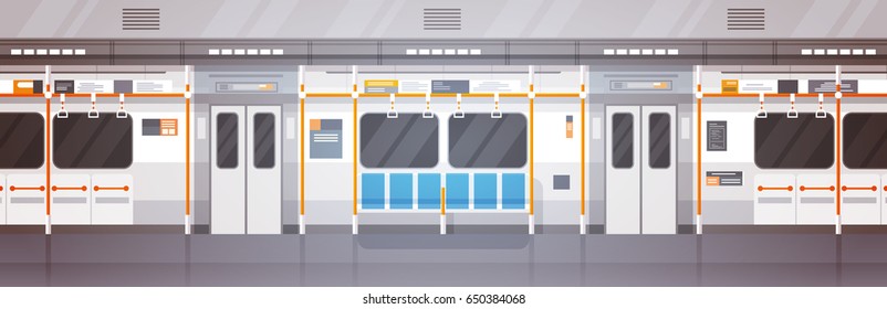 Empty Subway Car Interior Modern City Public Transport, Underground Tram Flat Vector Illustration