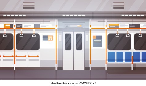Empty Subway Car Interior Modern City Public Transport, Underground Tram Flat Vector Illustration