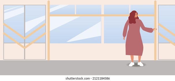 Empty subway interior with passenger, copy space template. Flat vector stock illustration for overlay. Bus or transport inside with adult woman. Backdrop for design