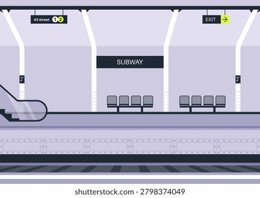 An empty subway platform with a bench and information sighs on the walls and ceilings
