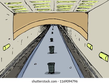 Empty subway platform with single platform and tracks on either side