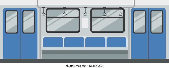 Empty Subway Railcar Inside View. Metro Train Transport Interior. Flat Vector Illustration