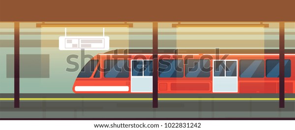 Empty\
subway station interior with metro train vector illustration.\
Underground metro train, subway railway\
transport