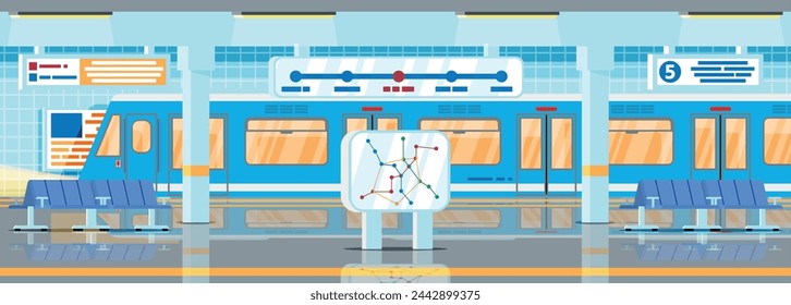 Empty Subway Station Interior. Train and Underground Platform. Railway Metro Station. Passenger Express Railway. Railroad Public Transportation. Rapid Transport. Flat Vector Illustration