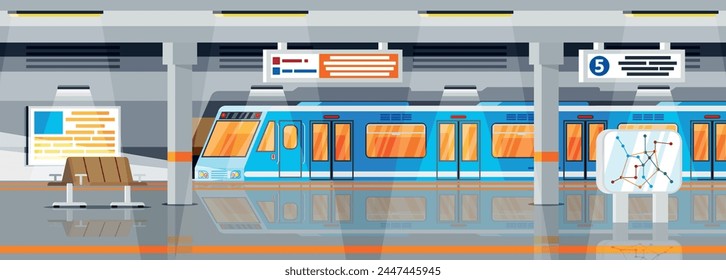 Interior de la estación de metro vacía. Plataforma de tren y metro. Estación de metro. Ferrocarril Pasajero Expreso. Transporte público ferroviario. Transporte rápido. Ilustración vectorial plana