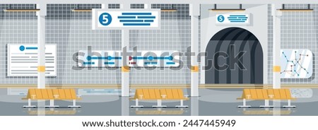 Empty Subway Station Interior. Train and Underground Platform. Railway Metro Station. Passenger Express Railway. Railroad Public Transportation. Rapid Transport. Flat Vector Illustration