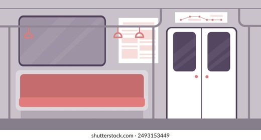 Empty subway train. Inside metro carriage. Underground car. Public municipal transport, MRT, tube with bench seats, handrails, doors, windows. Railway, metropolitan railroad urban transportation.