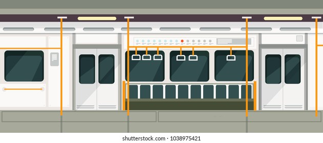 Empty subway train inside view. Metro carriage vector interior. Transport train subway interior empty illustration