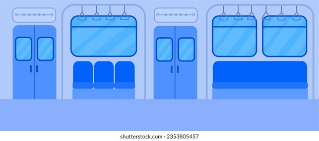 Empty subway train.Metro carriage or railcar interior.City public transport.Metro wagon without people.Underground railway.Passenger seats and handrails.Cartoon vector illustration.Flat design.