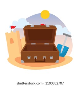 Empty suitcase and sand castle on the beach. Traveling icon set. Leisure and travel agent icon series.