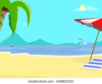 Empty Summer Beach Background with Seascape, Dolphins, Sun Umbrella, Towel and Sailing Ship. Traveling Greeting Card for Summertime Vacation, Holidays Cartoon Flat Vector  Illustration, Flyer, Banner